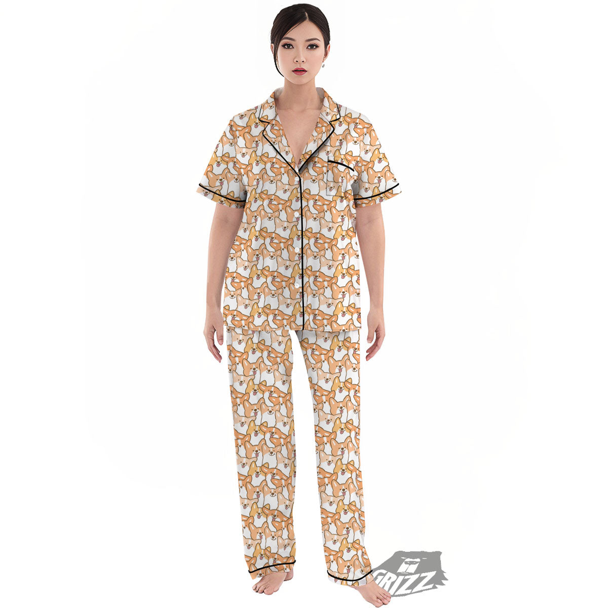 Happy Corgi Print Pattern Women's Pajamas Set-grizzshop