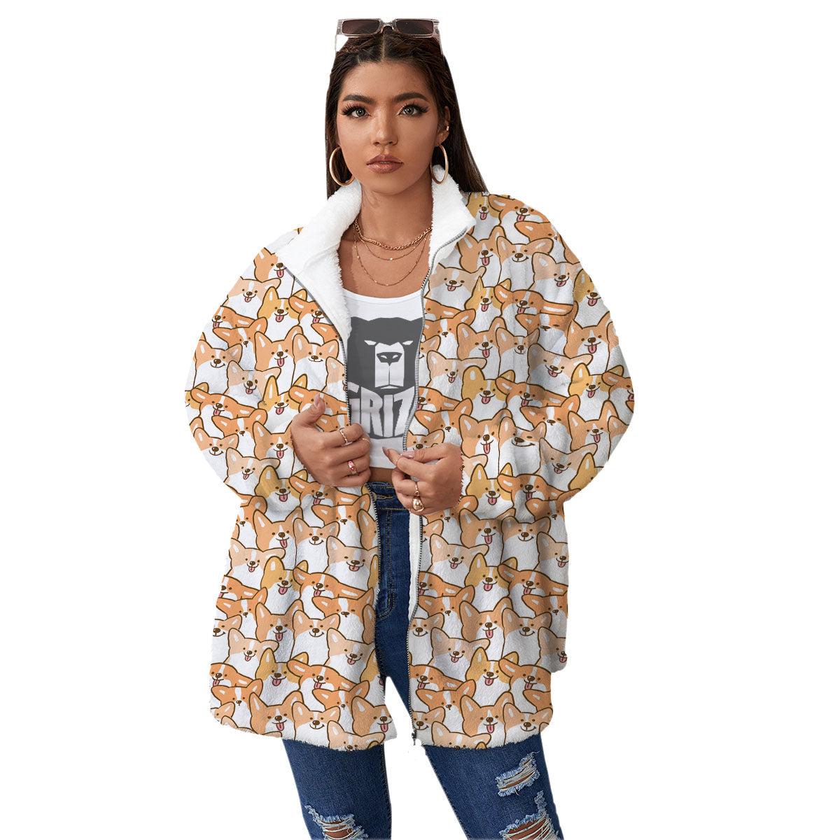 Happy Corgi Print Pattern Women's Sherpa Jacket-grizzshop