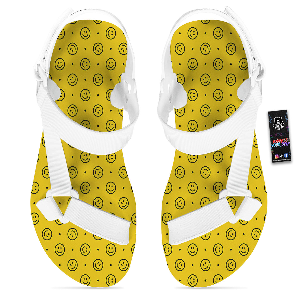 Happy Emoji Print Pattern White Open Toe Sandals-grizzshop