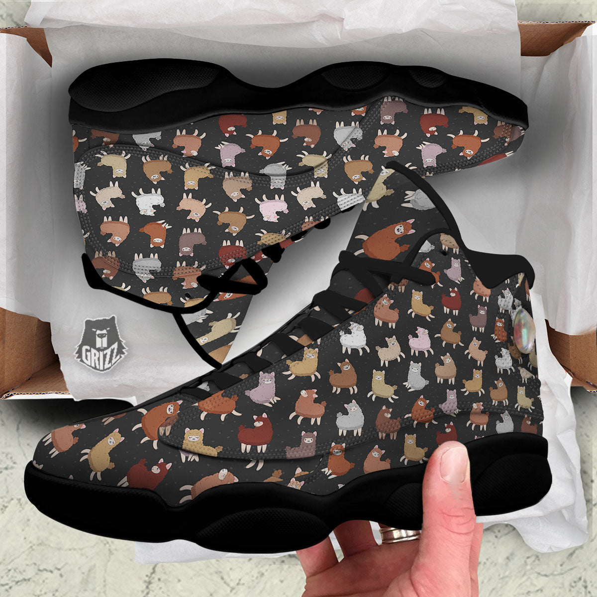 Happy Llama Print Pattern Black Basketball Shoes-grizzshop