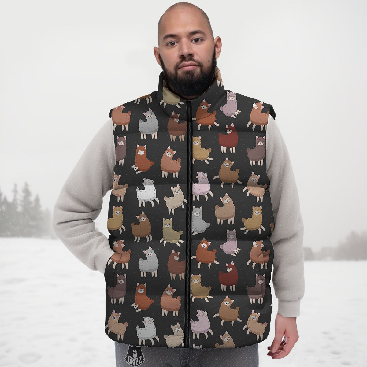 Happy Llama Print Pattern Down Vest-grizzshop