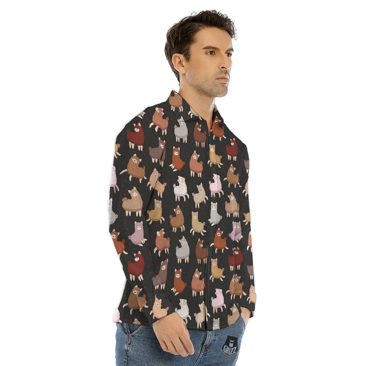 Happy Llama Print Pattern Men's Dress Shirts-grizzshop