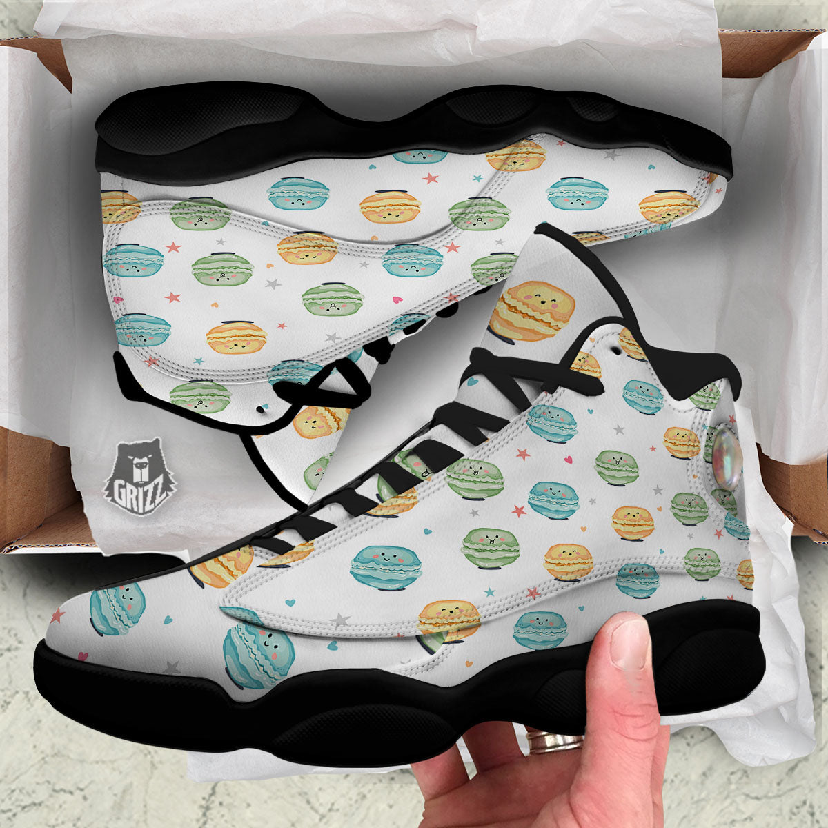 Happy Macarons Print Pattern Black Basketball Shoes-grizzshop