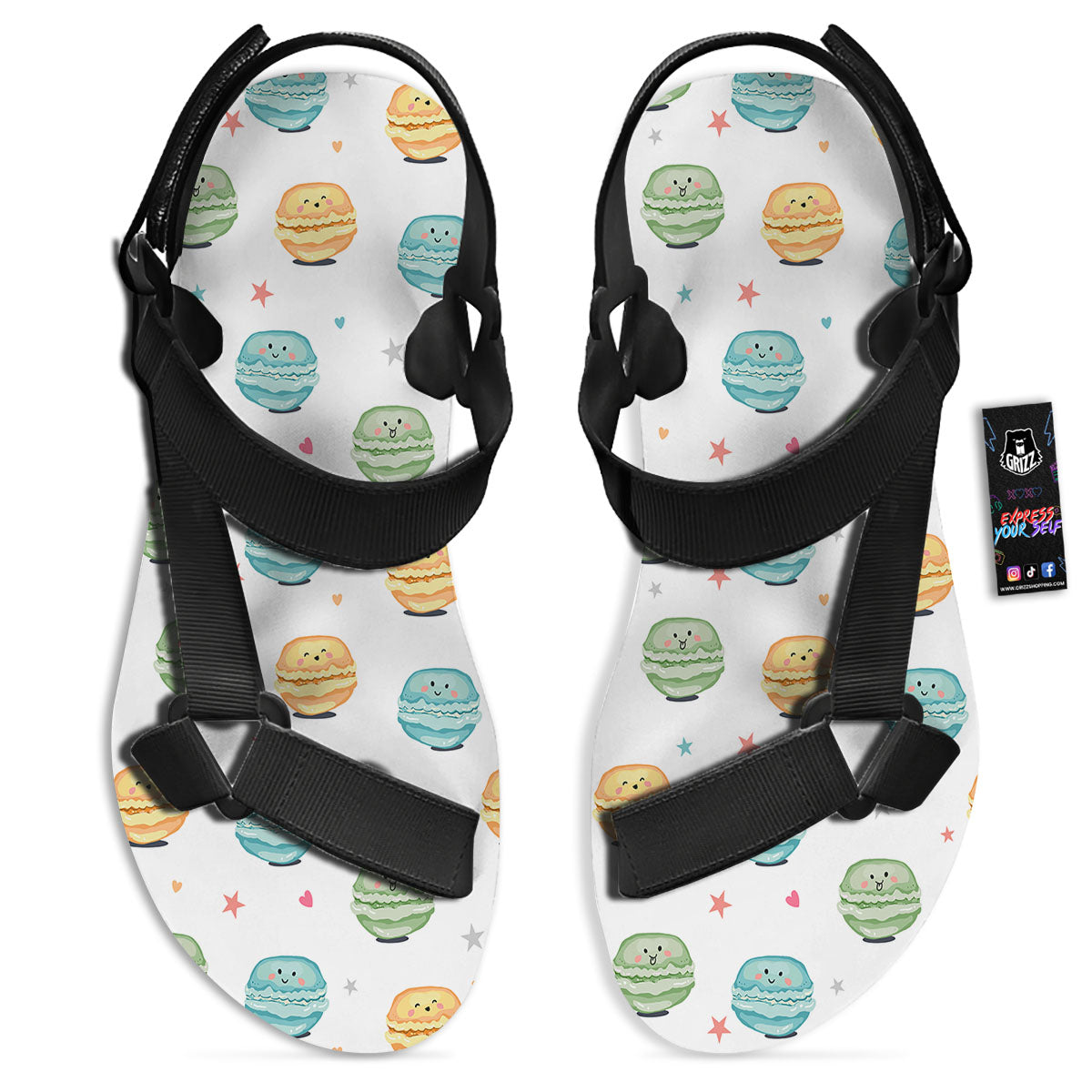 Happy Macarons Print Pattern Black Open Toe Sandals-grizzshop