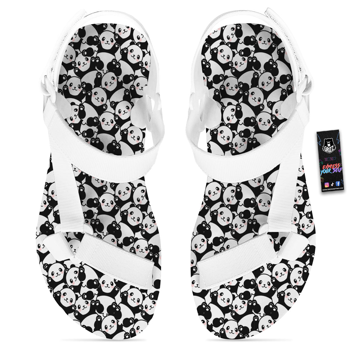 Happy Panda Cute Print Pattern White Open Toe Sandals-grizzshop