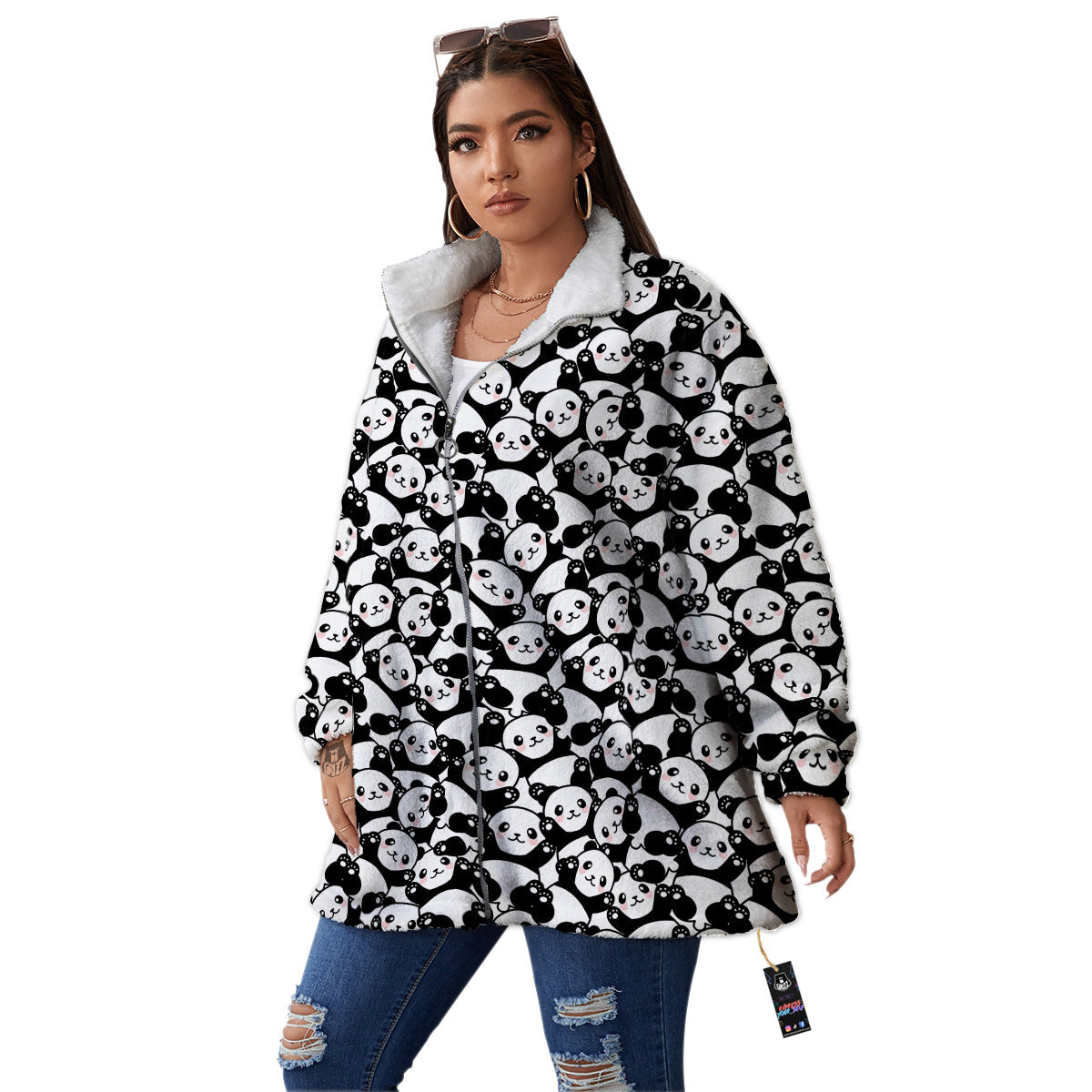 Happy Panda Cute Print Pattern Women's Sherpa Jacket-grizzshop