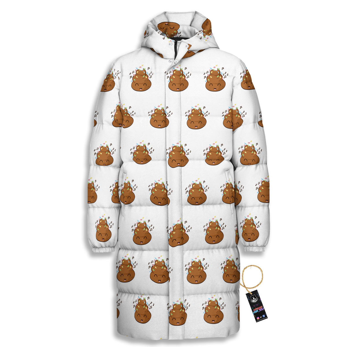 Happy Poop Print Pattern Long Down Jacket-grizzshop