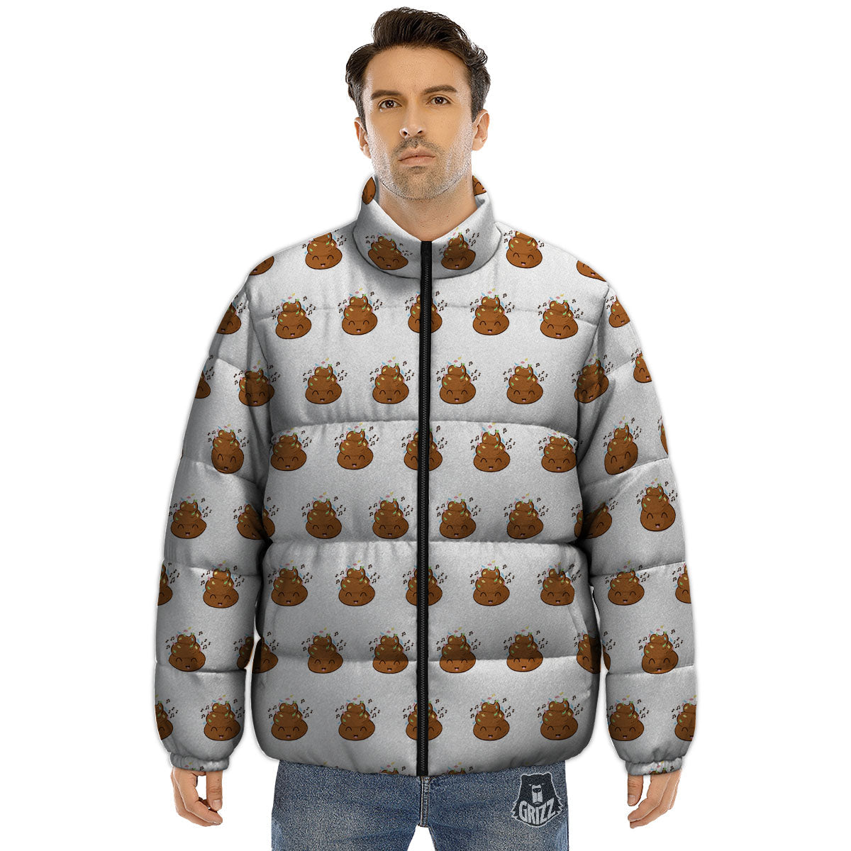 Happy Poop Print Pattern Puffer Jacket-grizzshop