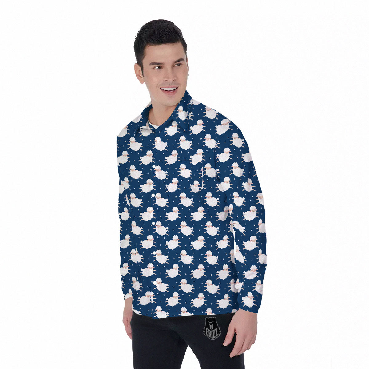 Happy Sheep Print Pattern Men's Long Sleeve Shirts-grizzshop