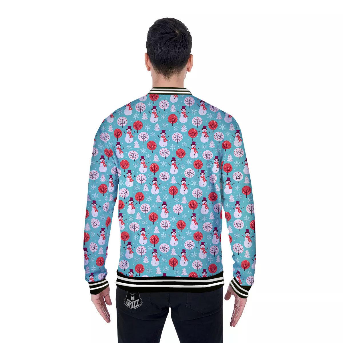 Happy Snowman Print Pattern Baseball Jacket-grizzshop