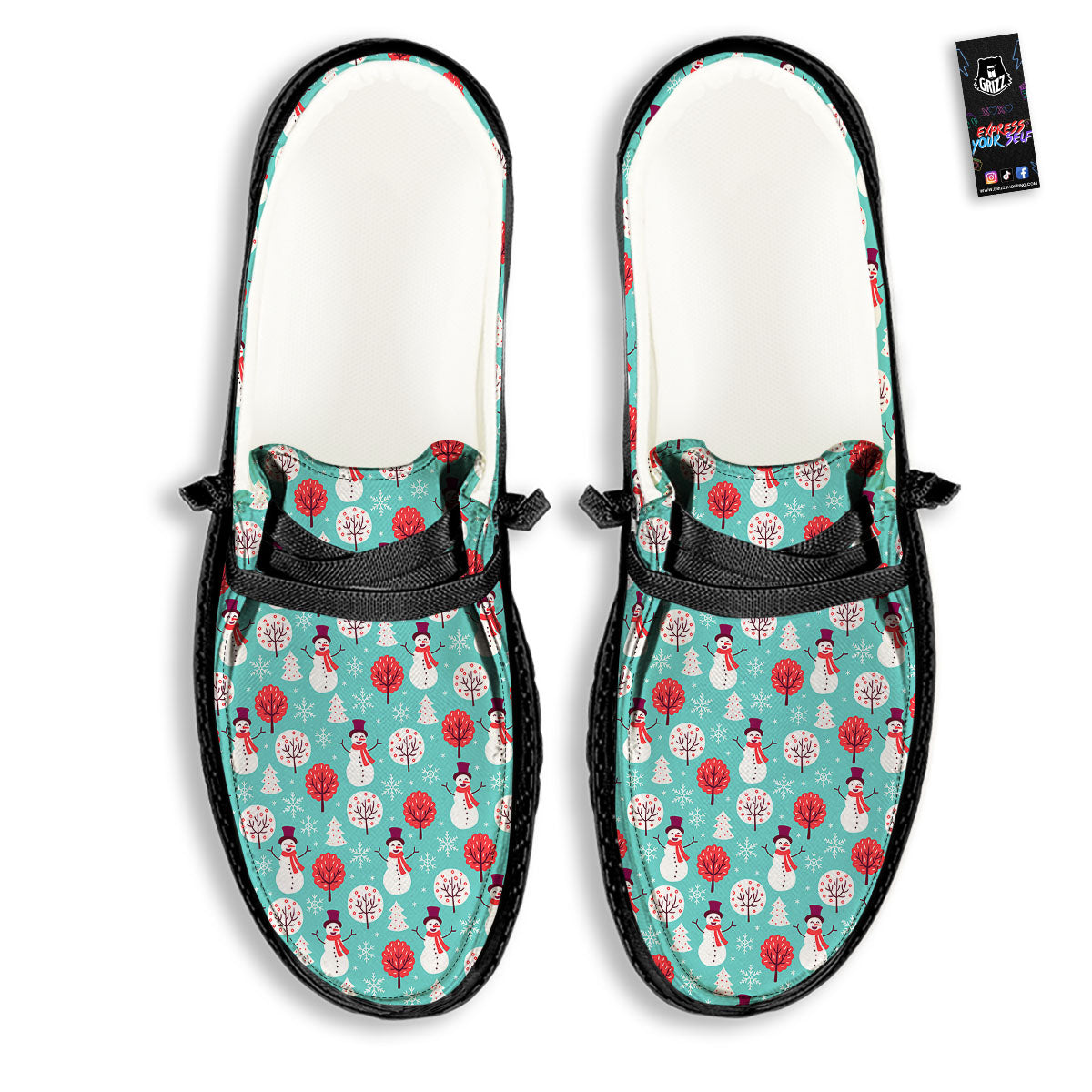 Happy Snowman Print Pattern Black Loafers-grizzshop