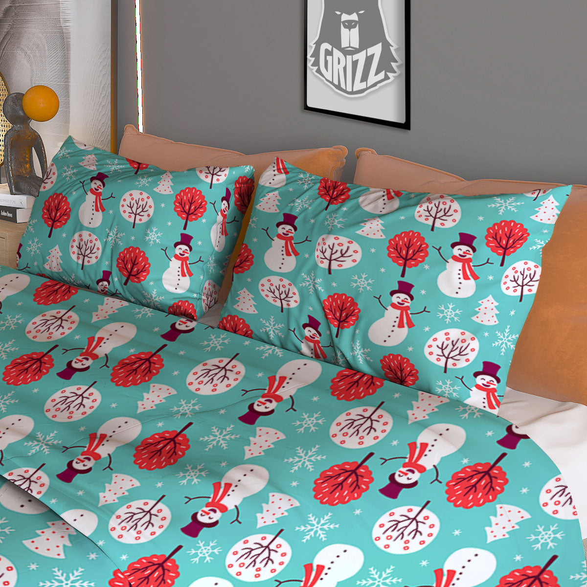Happy Snowman Print Pattern Duvet Cover Bedding Set