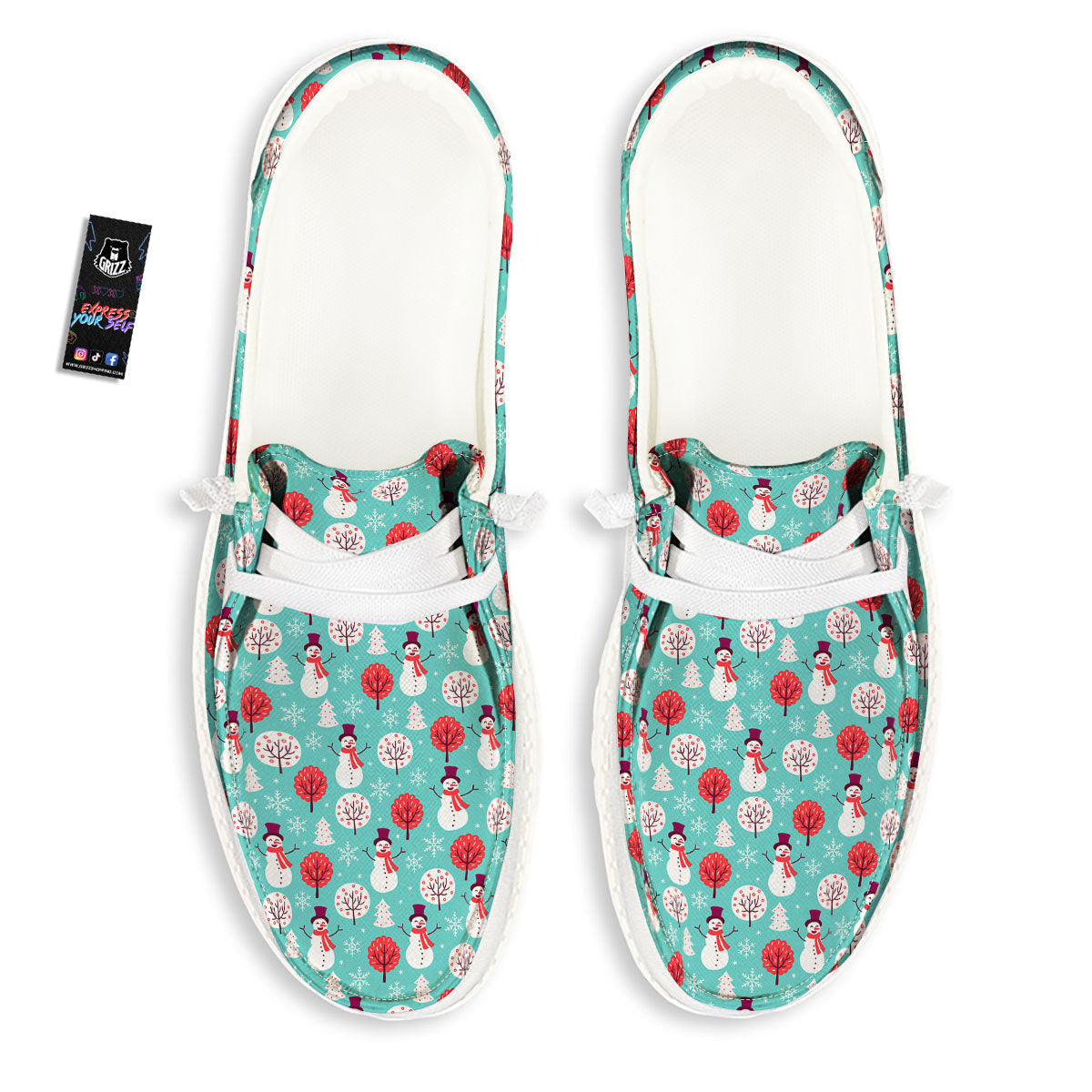 Happy Snowman Print Pattern White Loafers-grizzshop