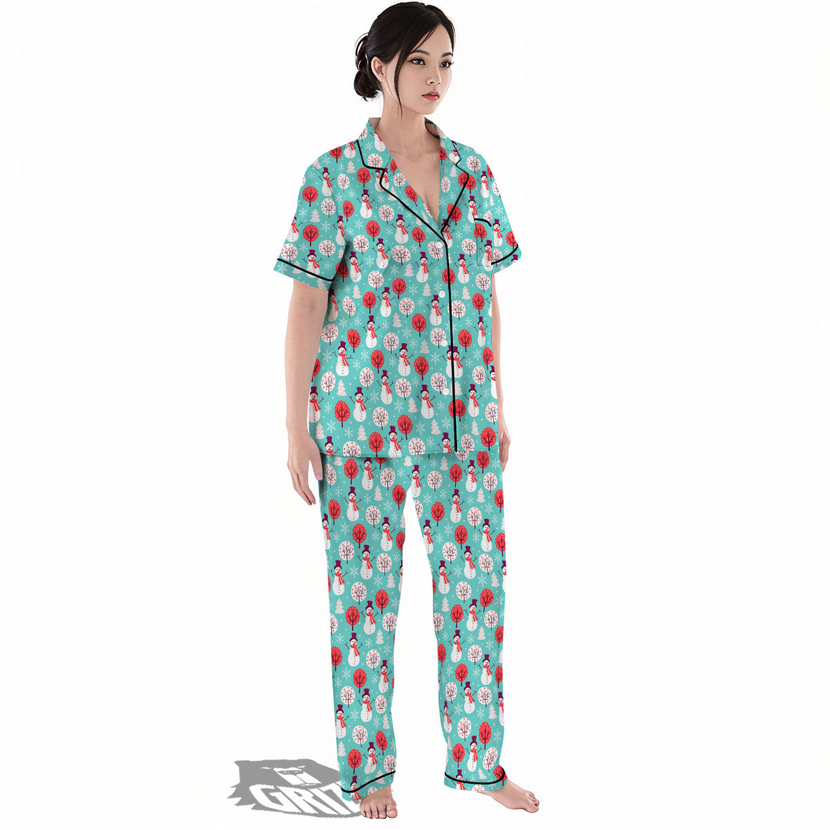Happy Snowman Print Pattern Women's Pajamas Set-grizzshop