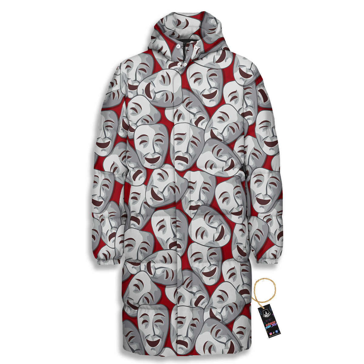 Happy And Sad Theatrical Masks Print Pattern Long Down Jacket