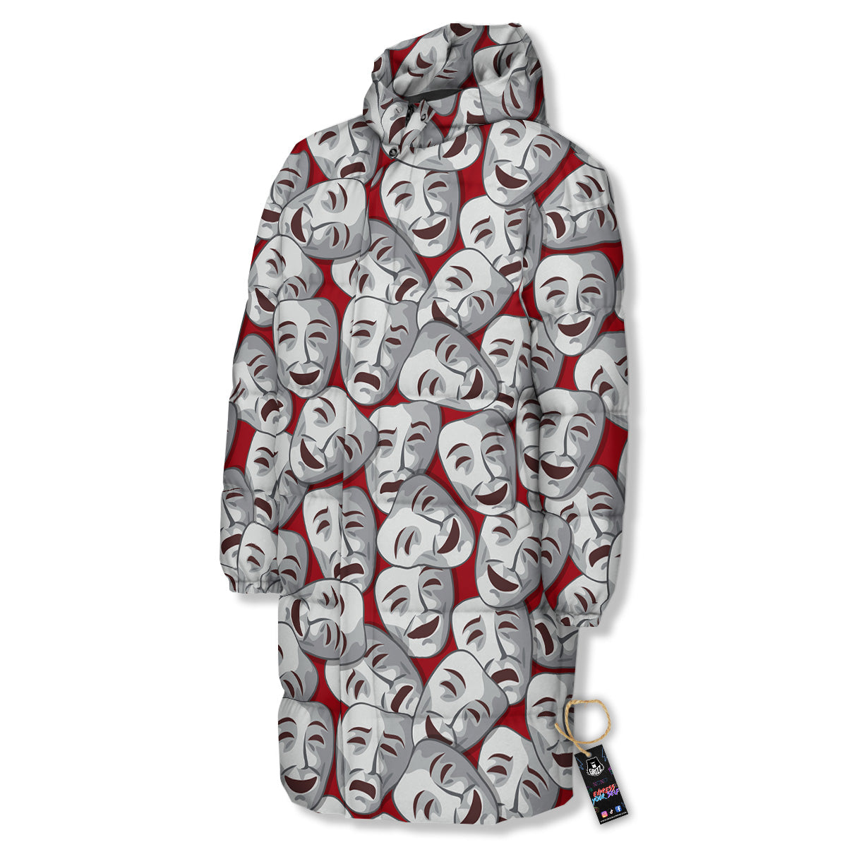 Happy And Sad Theatrical Masks Print Pattern Long Down Jacket