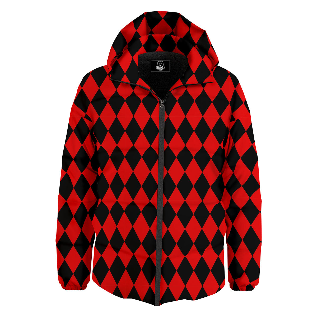 Harlequin Black And Red Print Pattern Down Jacket-grizzshop