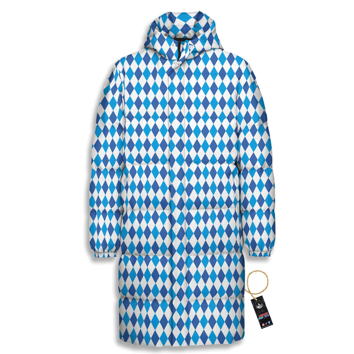 Harlequin Blue Print Pattern Long Down Jacket-grizzshop