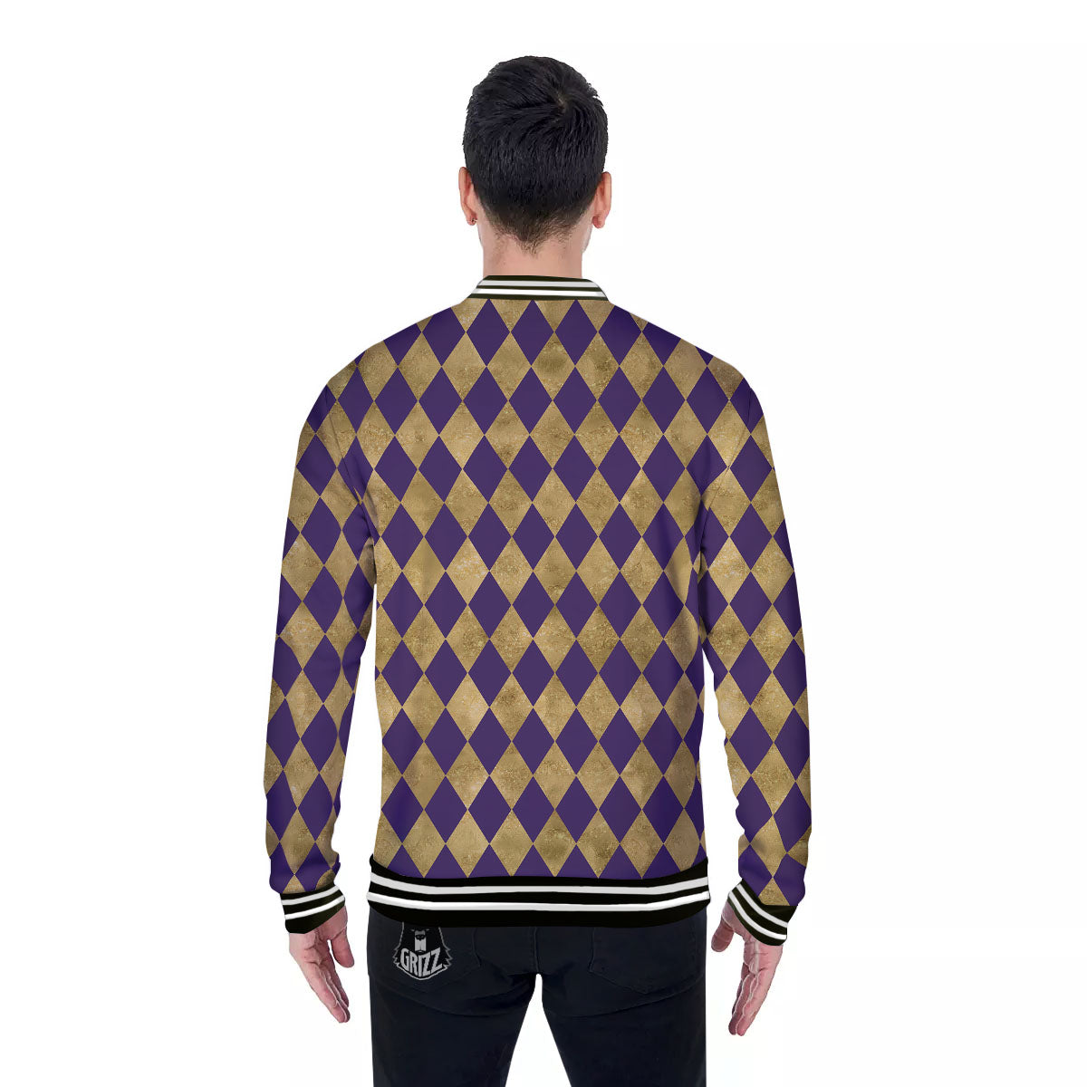 Harlequin Gold And Purple Print Pattern Baseball Jacket-grizzshop