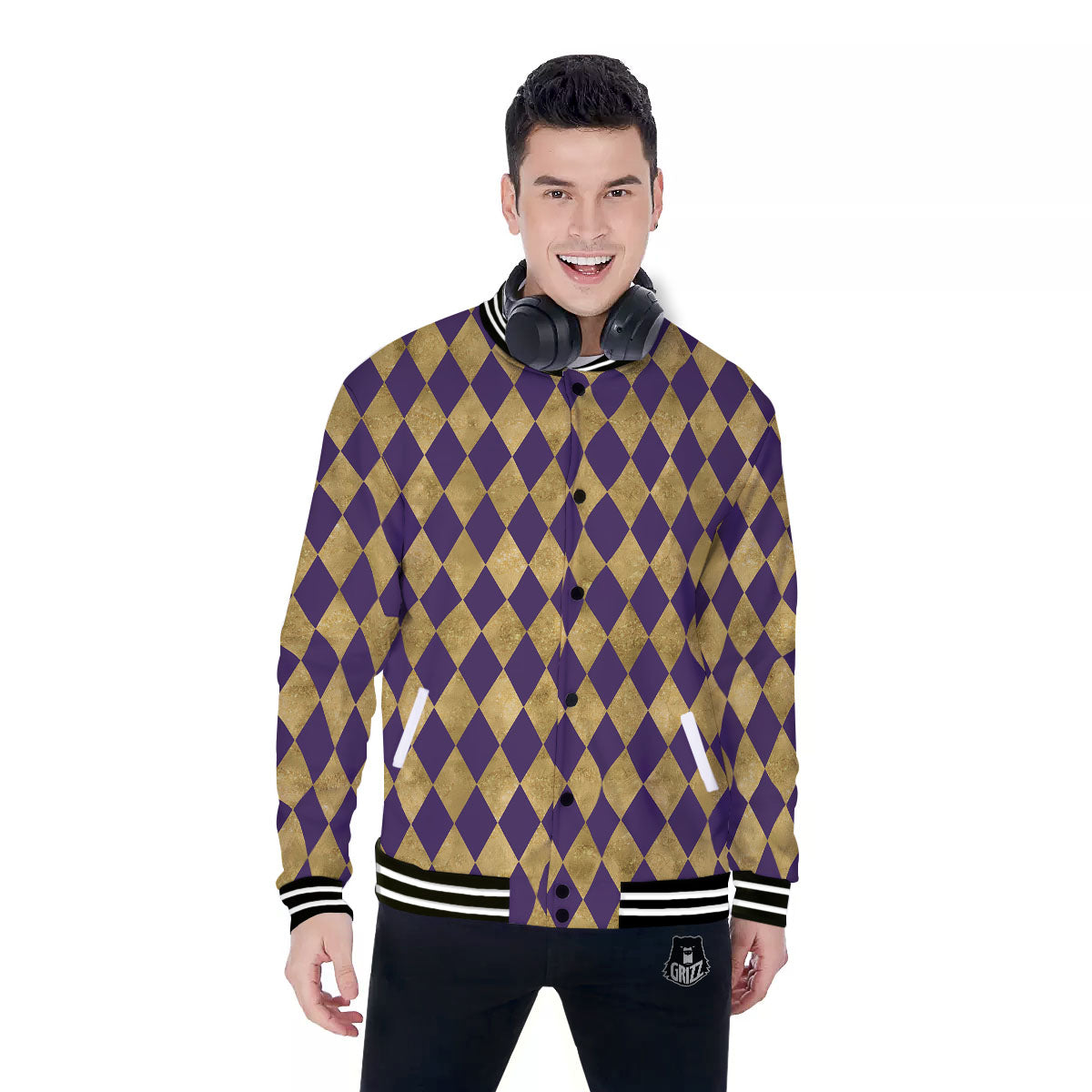 Harlequin Gold And Purple Print Pattern Baseball Jacket-grizzshop