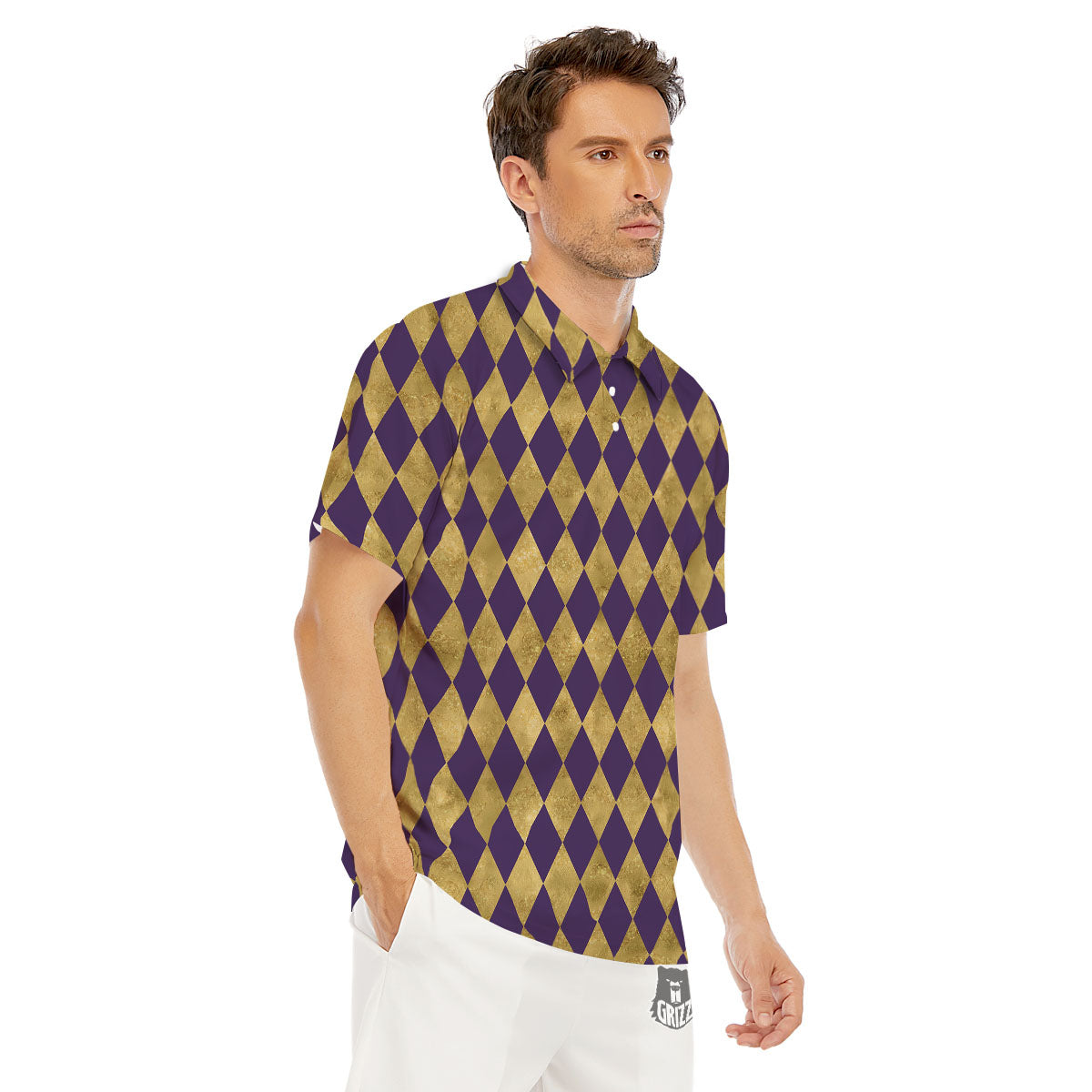 Harlequin Gold And Purple Print Pattern Men's Golf Shirts-grizzshop