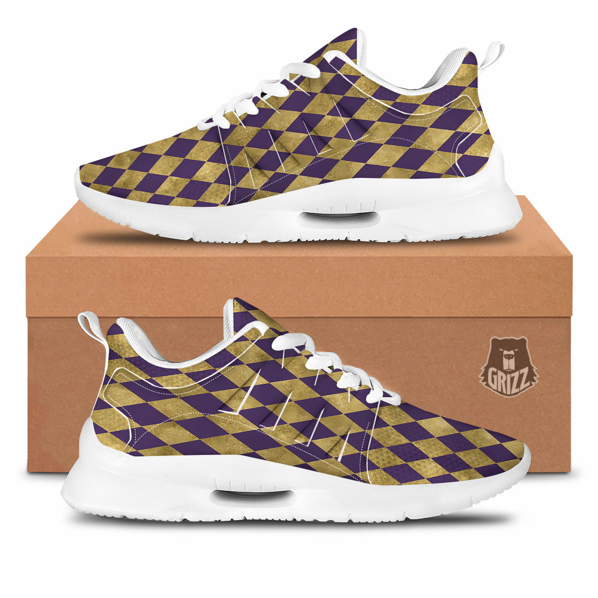 Harlequin Gold And Purple Print Pattern Tennis Shoes-grizzshop