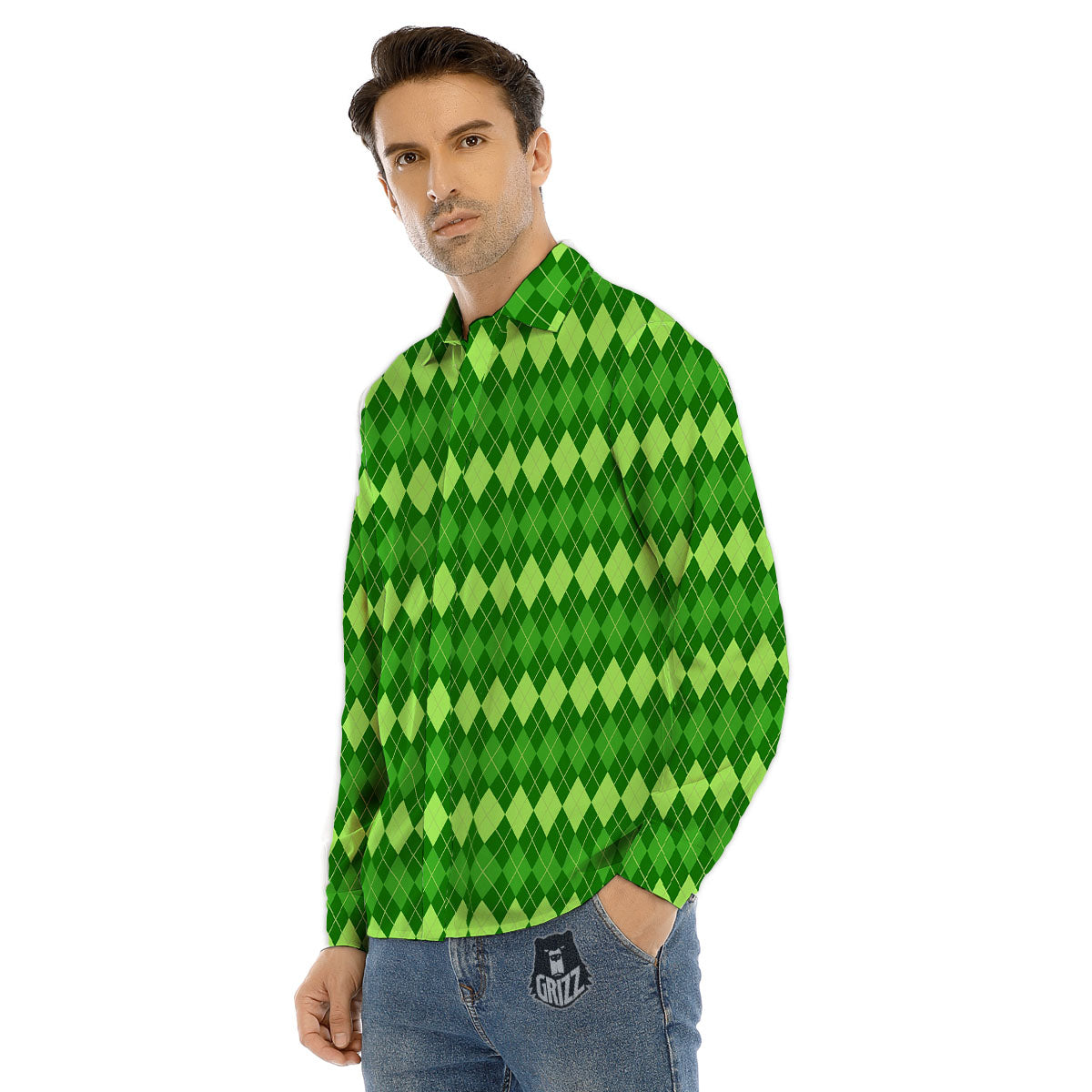 Harlequin Green Print Pattern Men's Dress Shirts-grizzshop