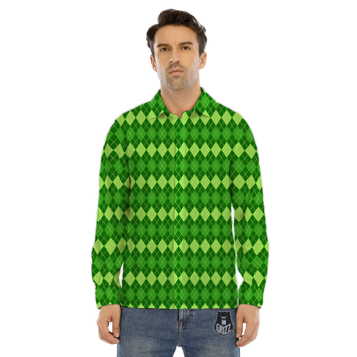 Harlequin Green Print Pattern Men's Dress Shirts-grizzshop