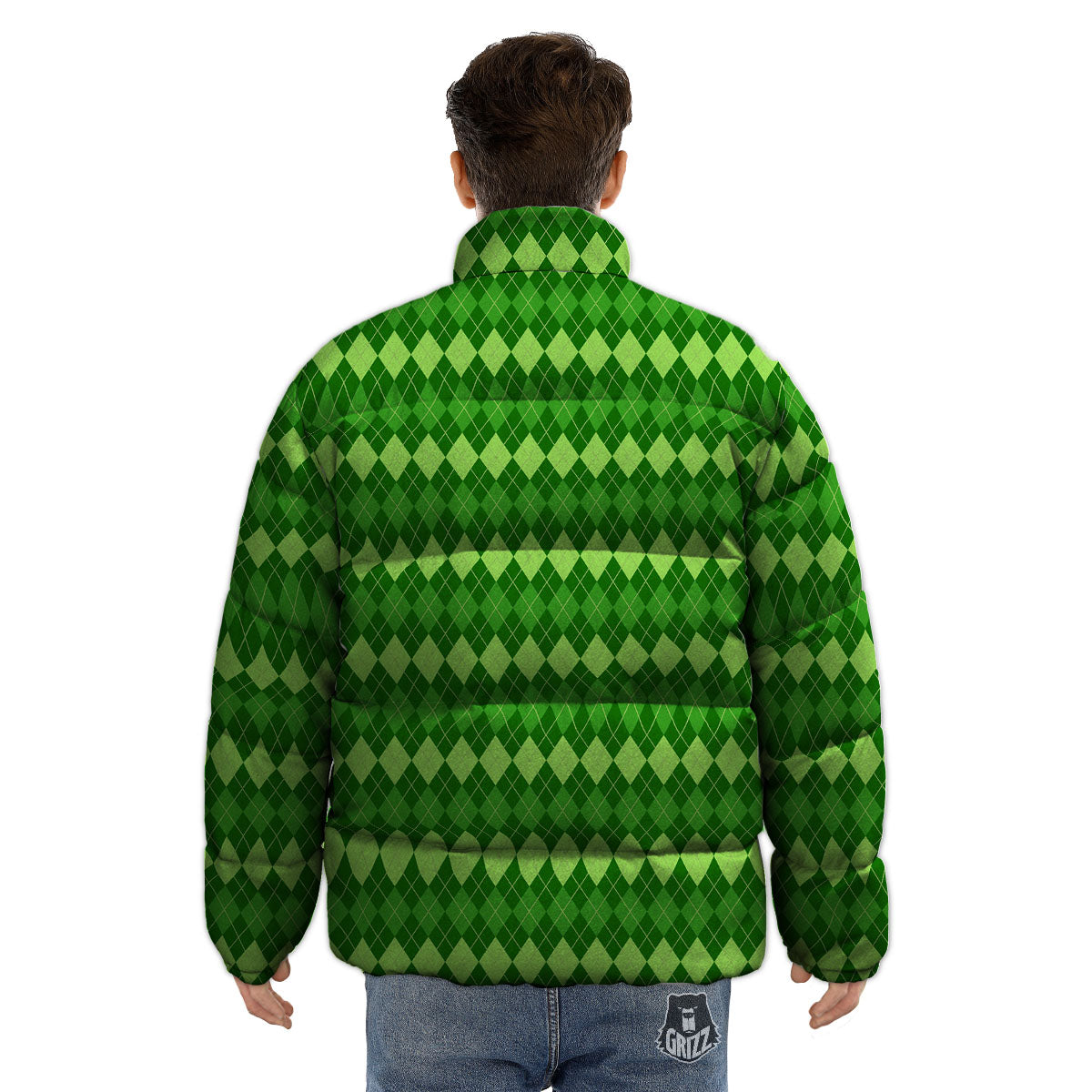 Harlequin Green Print Pattern Puffer Jacket-grizzshop
