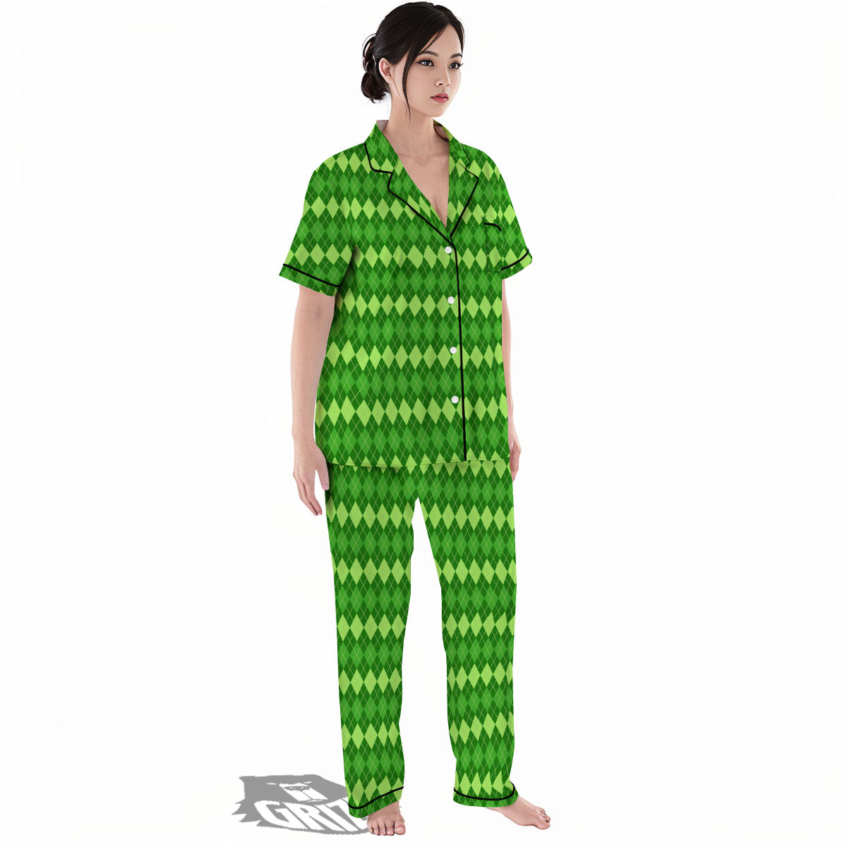 Harlequin Green Print Pattern Women's Pajamas Set-grizzshop