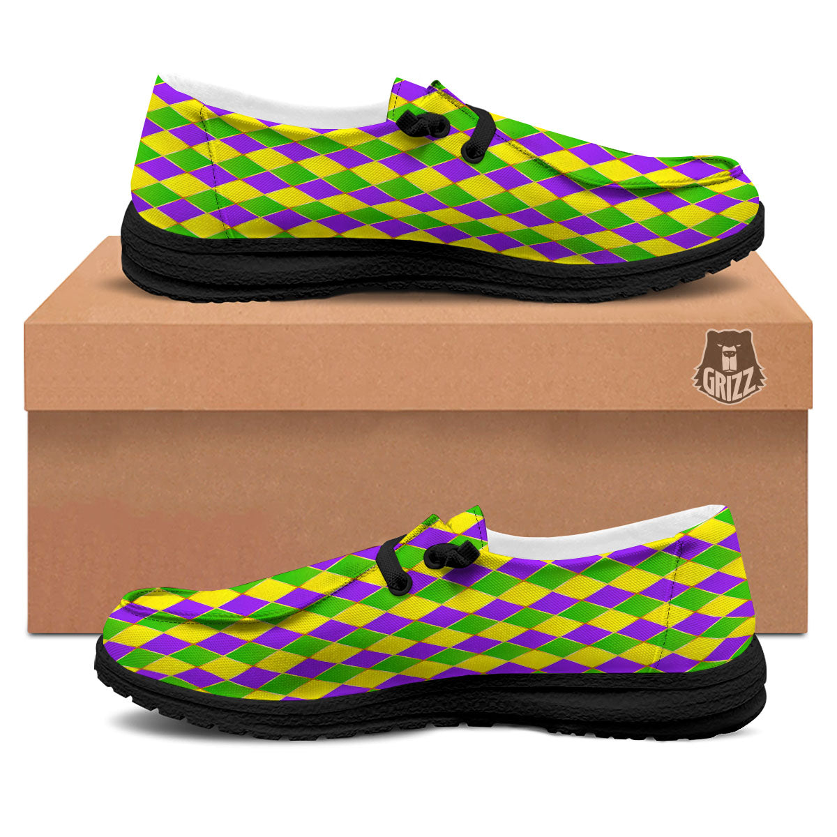 Harlequin Mardi Gras Print Pattern Black Loafers-grizzshop