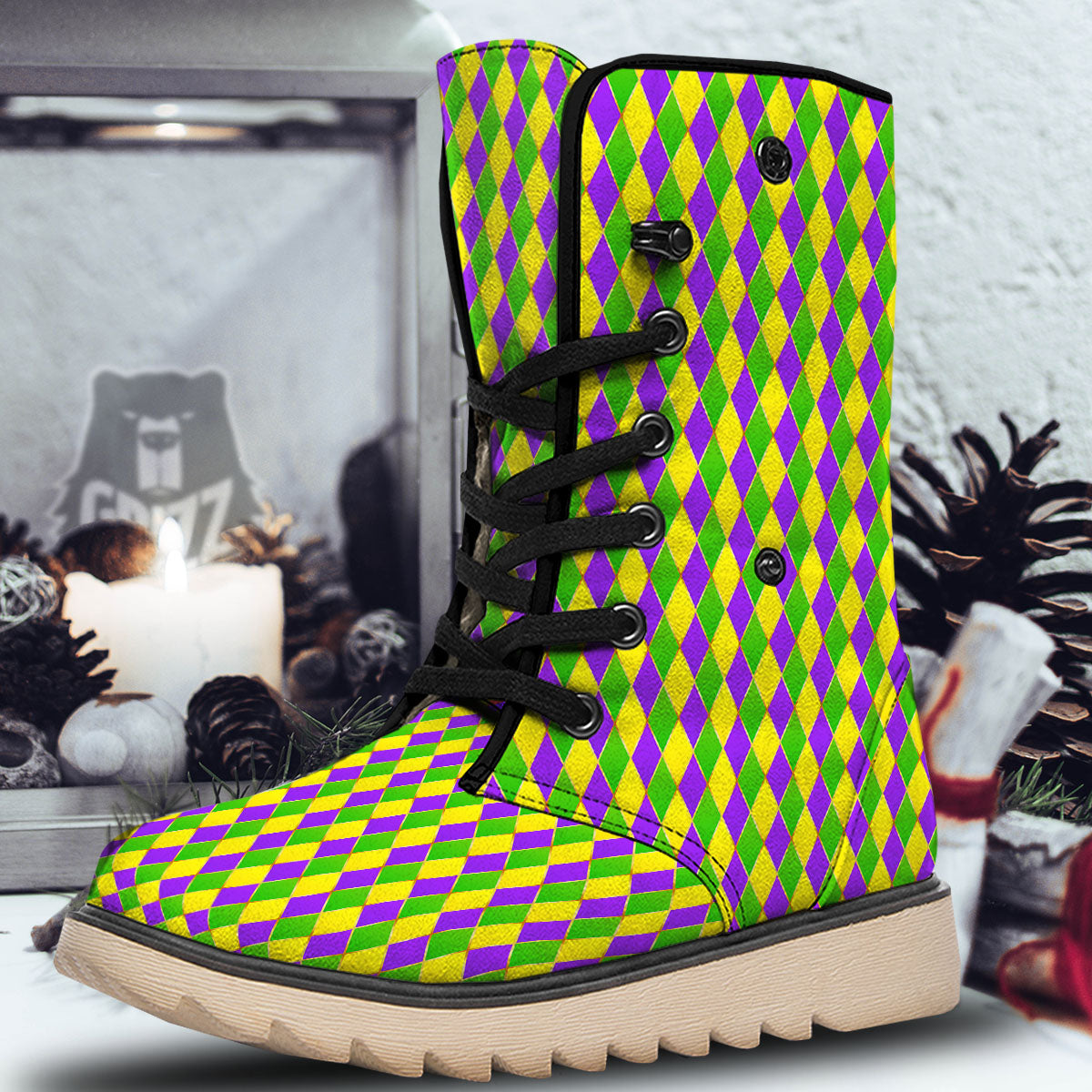 Harlequin Mardi Gras Print Pattern Snow Boots-grizzshop