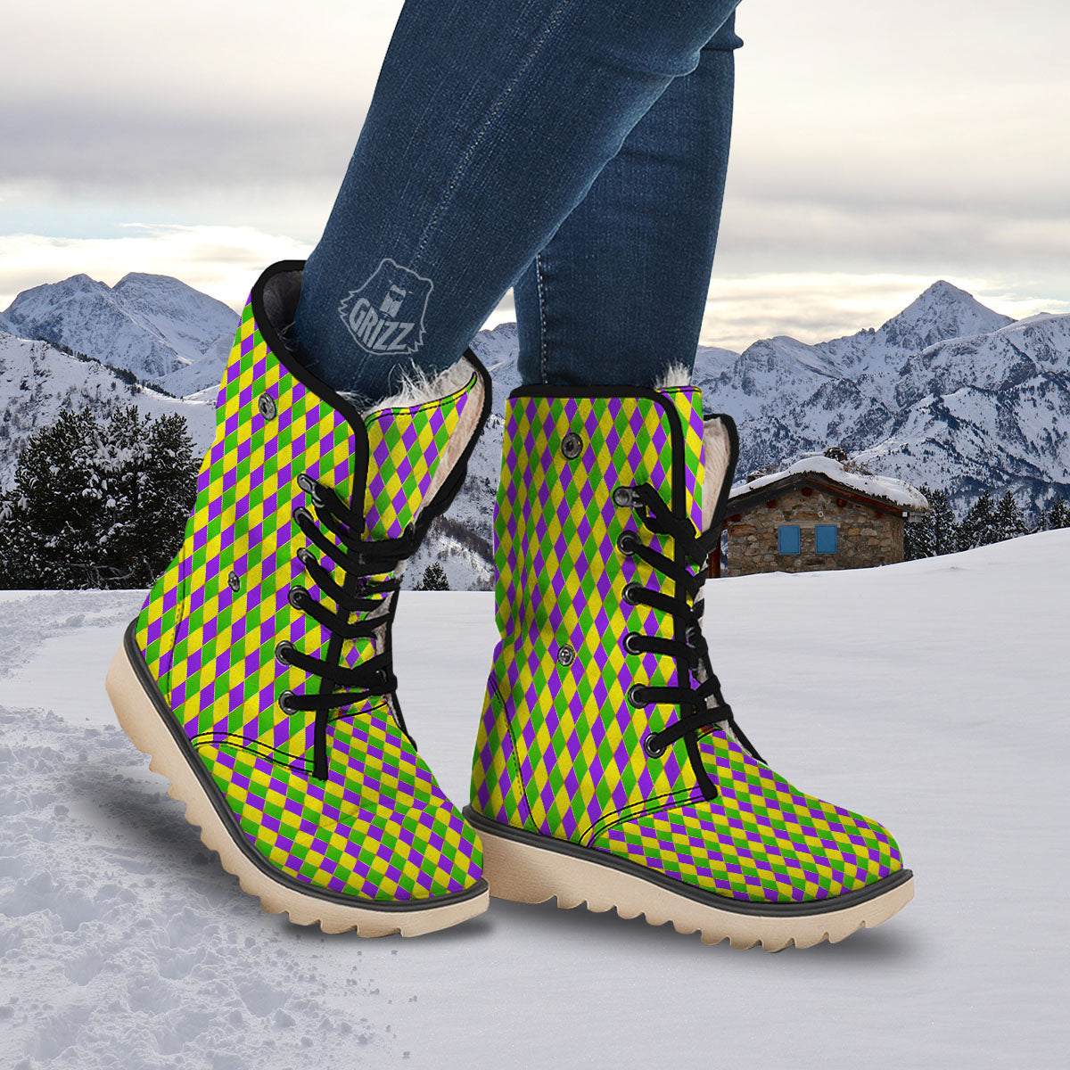 Harlequin Mardi Gras Print Pattern Snow Boots-grizzshop