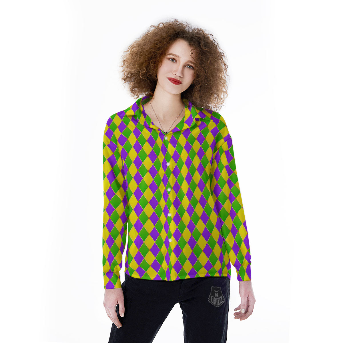 Harlequin Mardi Gras Print Pattern Women's Long Sleeve Shirts-grizzshop