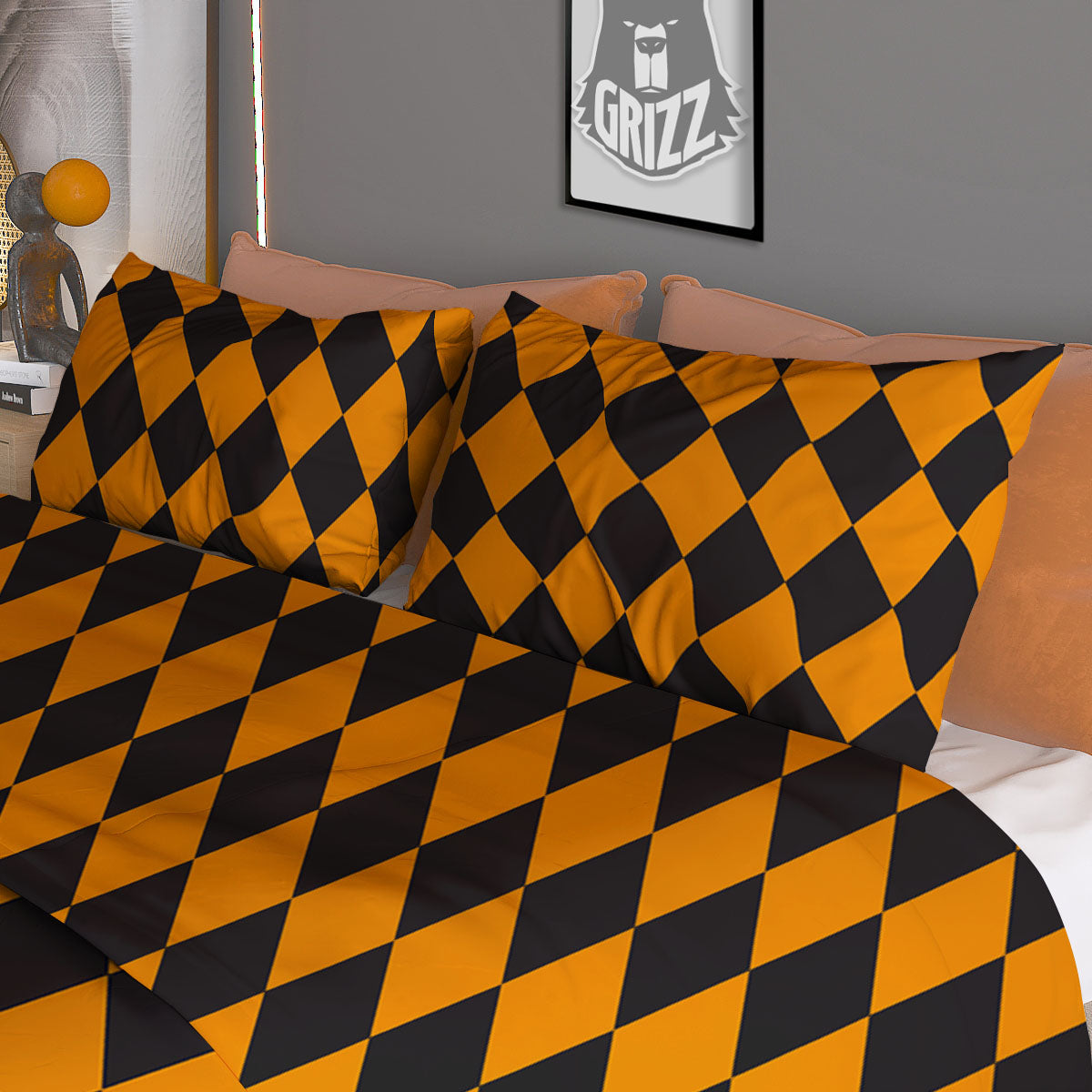 Harlequin Orange And Black Print Duvet Cover Bedding Set