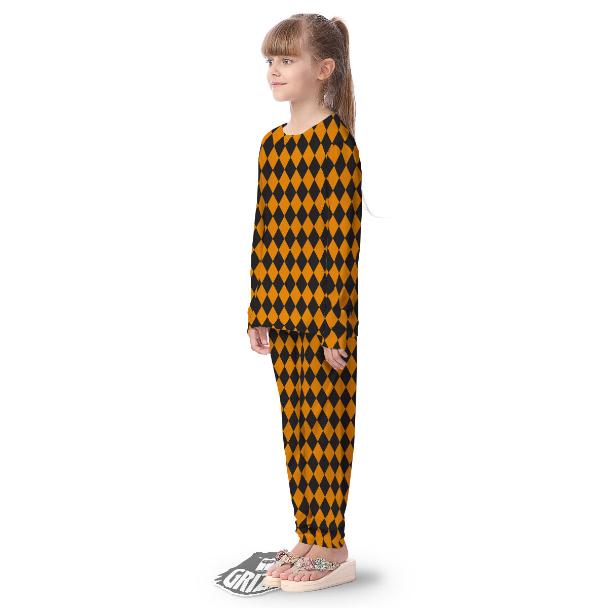 Harlequin Orange And Black Print Kid's Pajamas-grizzshop