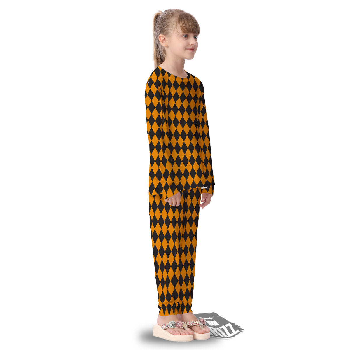 Harlequin Orange And Black Print Kid's Pajamas-grizzshop