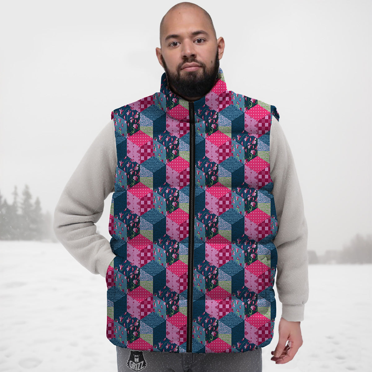 Harlequin Print Pattern Down Vest-grizzshop