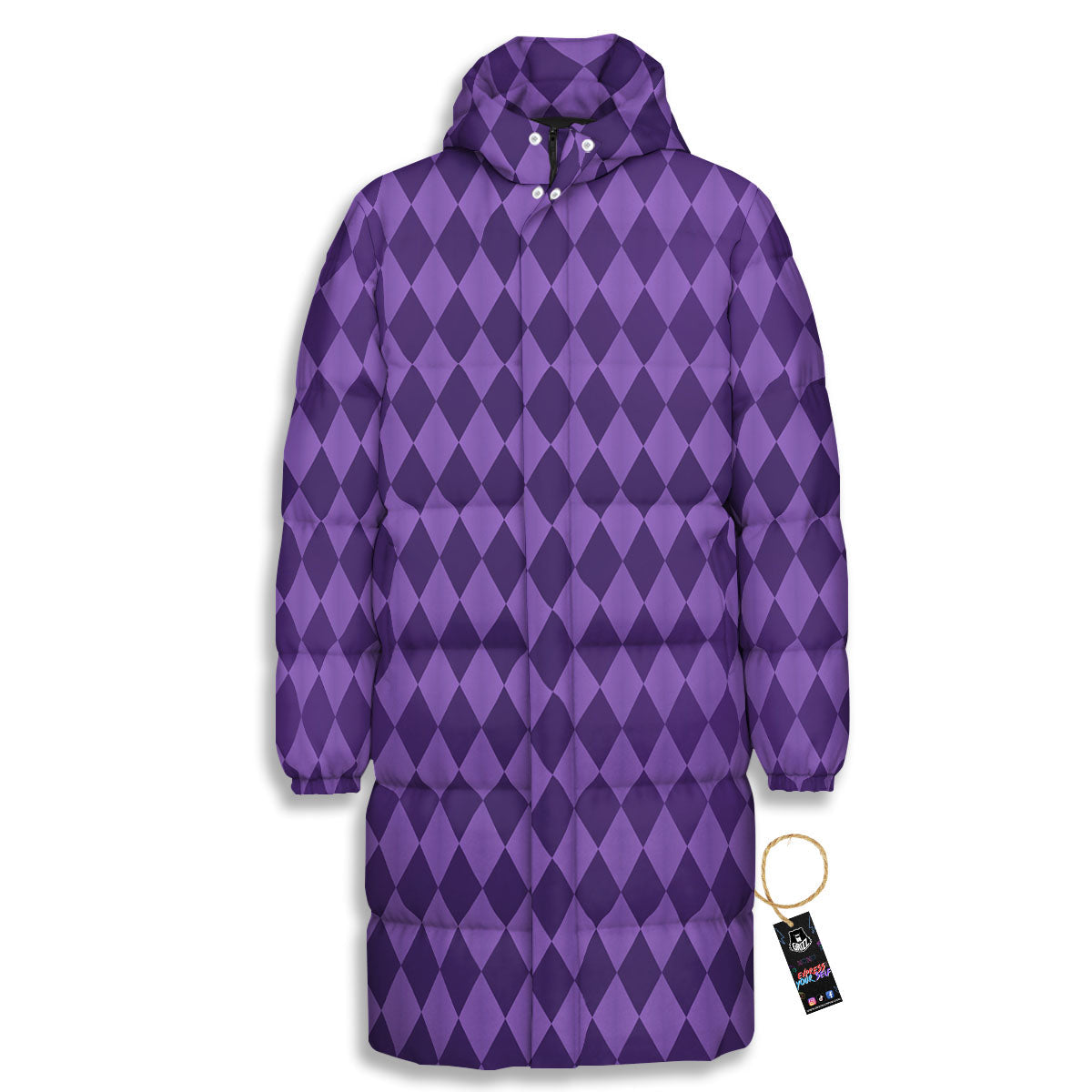 Harlequin Purple Print Pattern Long Down Jacket-grizzshop