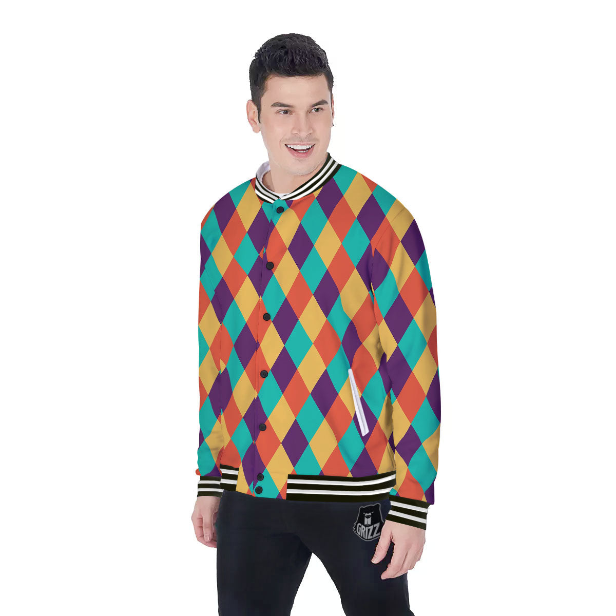 Harlequin Retro Print Pattern Baseball Jacket-grizzshop