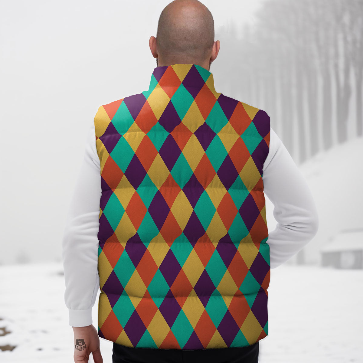 Harlequin Retro Print Pattern Down Vest-grizzshop
