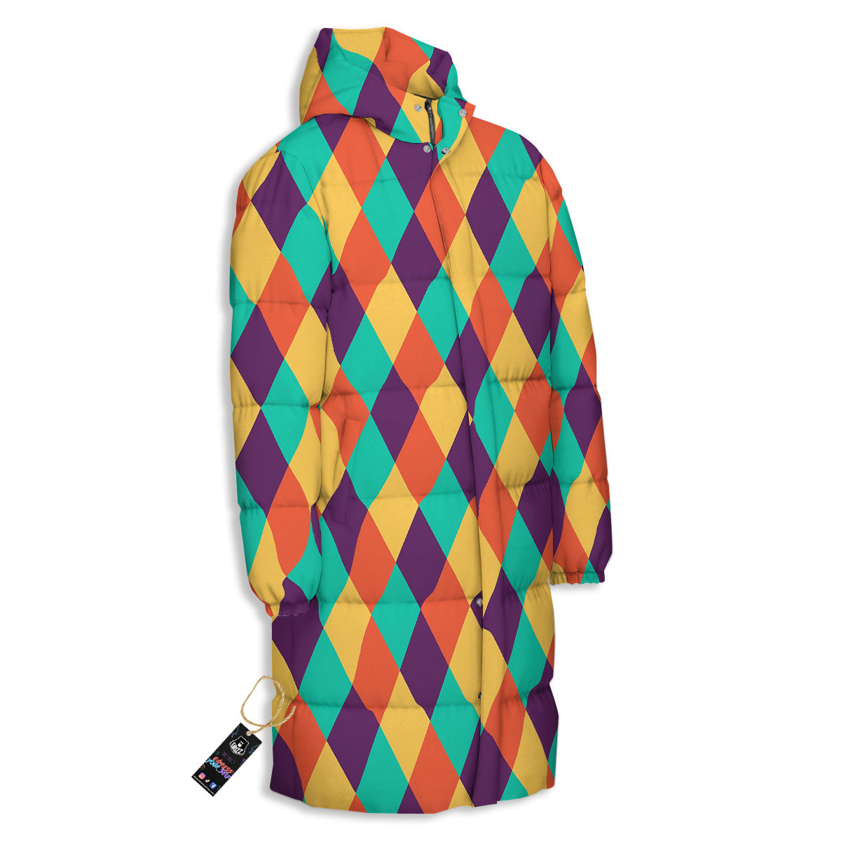Harlequin Retro Print Pattern Long Down Jacket-grizzshop