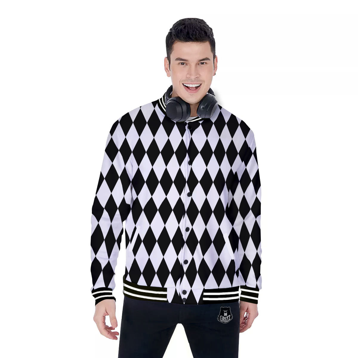 Harlequin White And Black Print Pattern Baseball Jacket-grizzshop