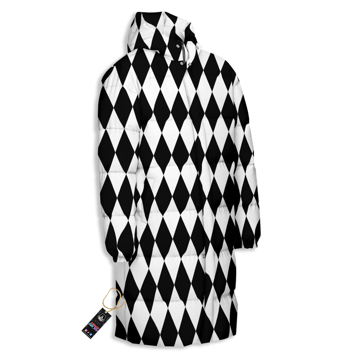 Harlequin White And Black Print Pattern Long Down Jacket-grizzshop