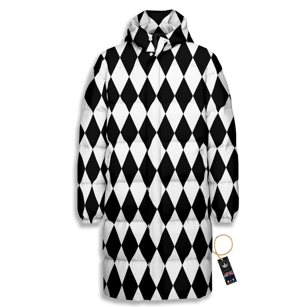 Harlequin White And Black Print Pattern Long Down Jacket-grizzshop