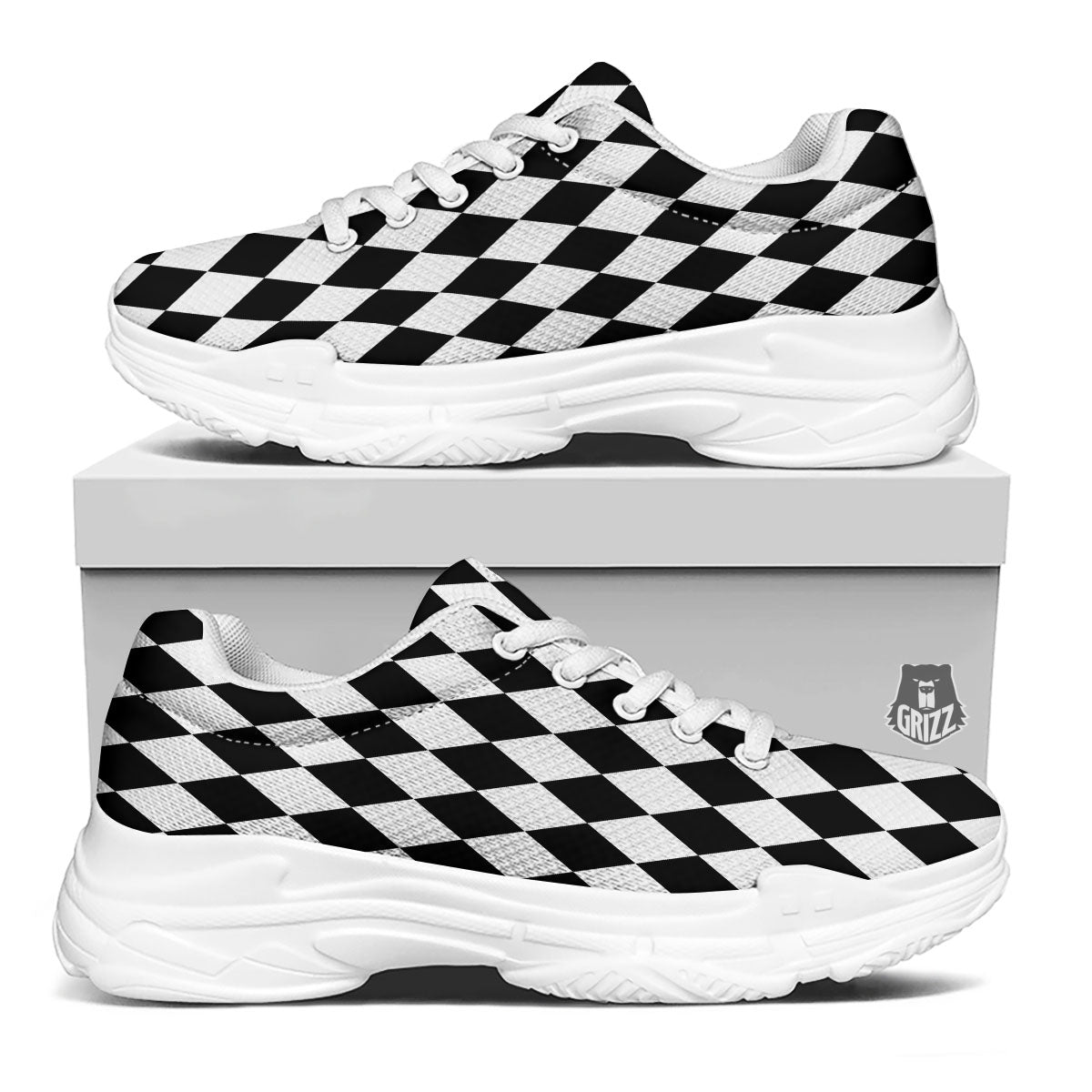 Harlequin White And Black Print Pattern White Chunky Shoes-grizzshop
