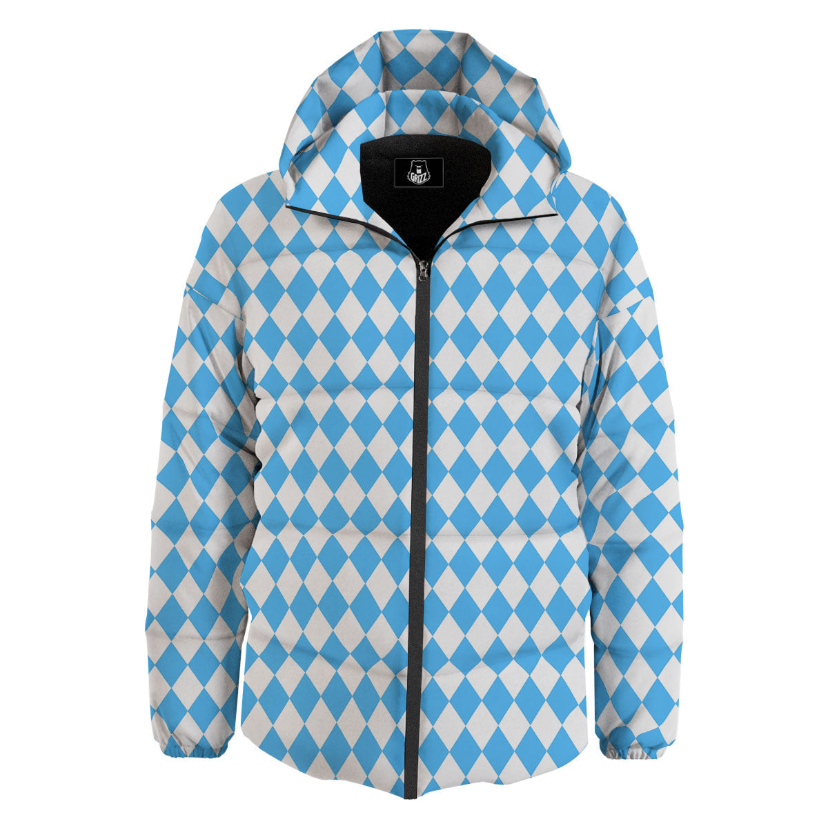 Harlequin White And Blue Print Pattern Down Jacket-grizzshop