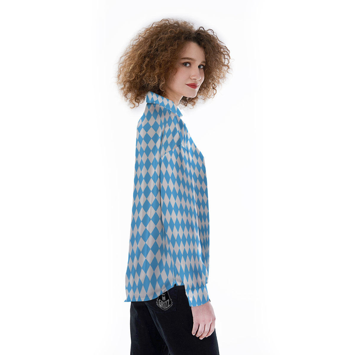 Harlequin White And Blue Print Pattern Women's Long Sleeve Shirts-grizzshop