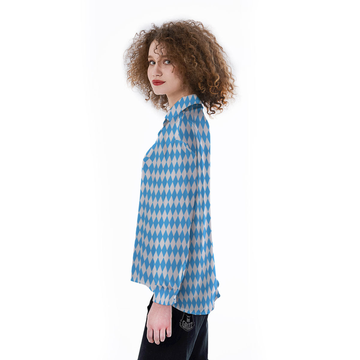 Harlequin White And Blue Print Pattern Women's Long Sleeve Shirts-grizzshop