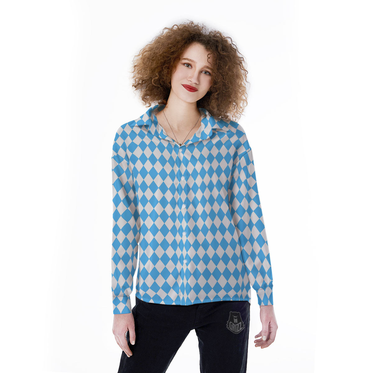 Harlequin White And Blue Print Pattern Women's Long Sleeve Shirts-grizzshop